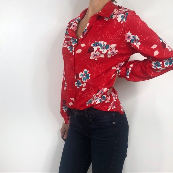 Vintage Tops - Vintage 70s Polyester Floral Button Down Blouse